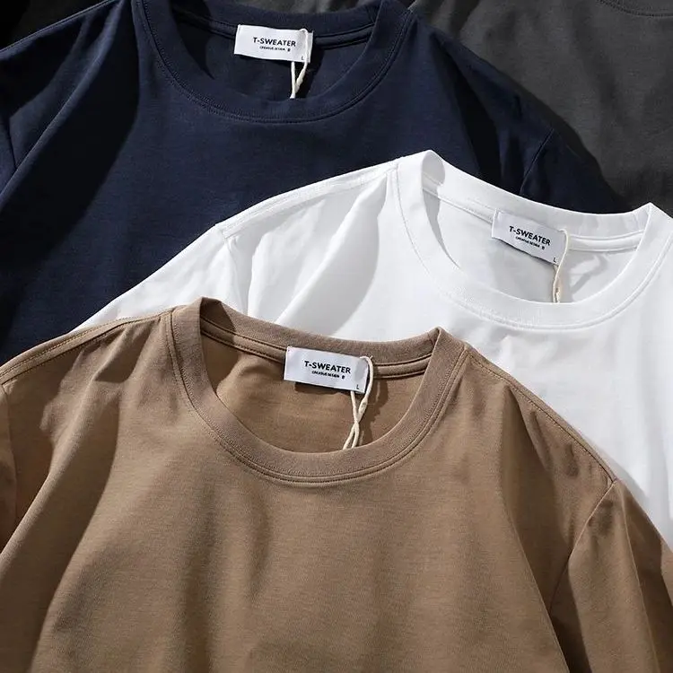 2025 Summer New American Retro 220G Short Sleeve O-neck Solid Color T-shirt Men's Fashion 52% Cotton Elastic Casual Solona Tops