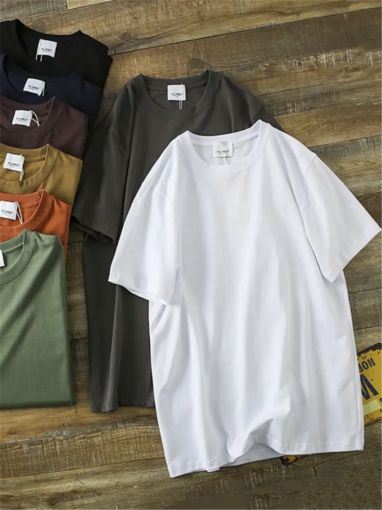 2025 Summer New American Retro 250G Short Sleeve O-neck Solid Color T-shirt Men's Fashion Simple 100% Cotton Washed Casual Tops