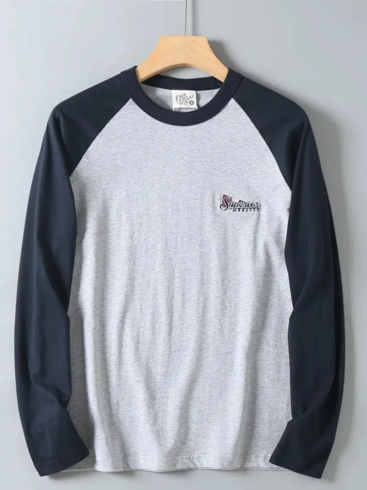 2025 Spring New American Retro Long Sleeve O-neck Letter Embroidery T-shirt Men's Fashion 100% Cotton Washed Casual Sport Tops