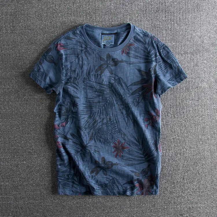 2025 Summer New American Retro Short Sleeve O-neck Beach Style Leaf Printed T-shirt Men's Fashion 100% Cotton Washed Casual Tops