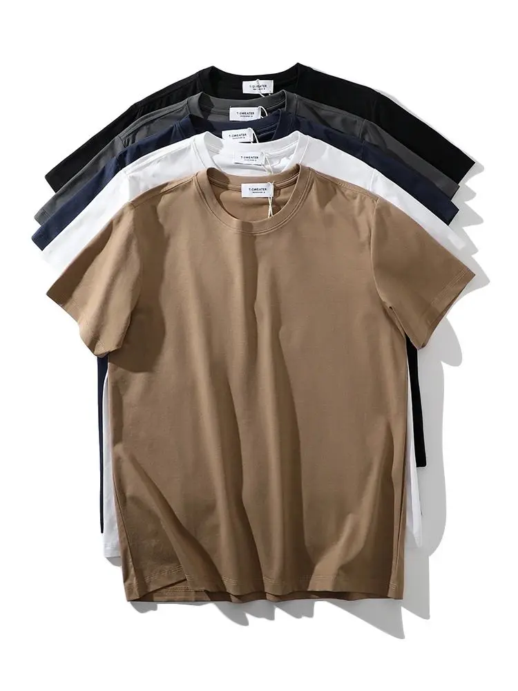 2025 Summer New American Retro 220G Short Sleeve O-neck Solid Color T-shirt Men's Fashion 52% Cotton Elastic Casual Solona Tops