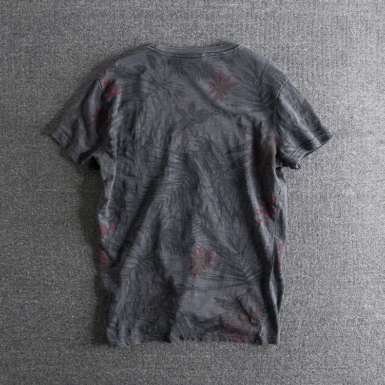 2025 Summer New American Retro Short Sleeve O-neck Beach Style Leaf Printed T-shirt Men's Fashion 100% Cotton Washed Casual Tops