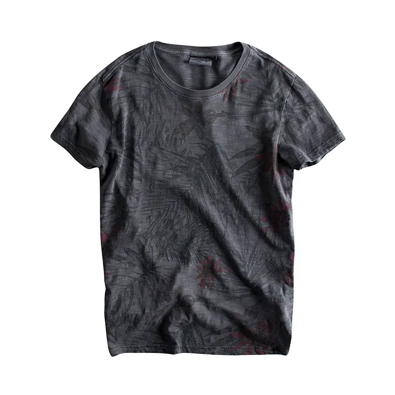 2025 Summer New American Retro Short Sleeve O-neck Beach Style Leaf Printed T-shirt Men's Fashion 100% Cotton Washed Casual Tops
