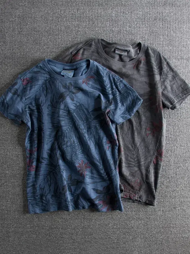2025 Summer New American Retro Short Sleeve O-neck Beach Style Leaf Printed T-shirt Men's Fashion 100% Cotton Washed Casual Tops