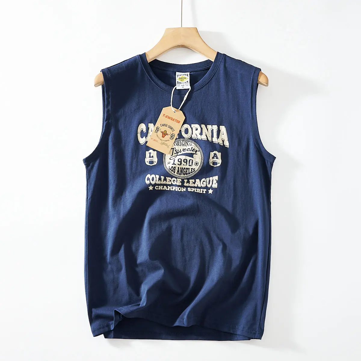 2025 Summer New American Retro Sleeveless O-neck Letter Printed T-shirt Men's Fashion 100% Cotton Basketball Sports Casual Vest