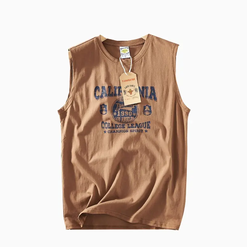 2025 Summer New American Retro Sleeveless O-neck Letter Printed T-shirt Men's Fashion 100% Cotton Basketball Sports Casual Vest