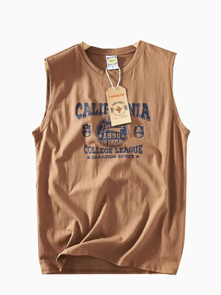 2025 Summer New American Retro Sleeveless O-neck Letter Printed T-shirt Men's Fashion 100% Cotton Basketball Sports Casual Vest