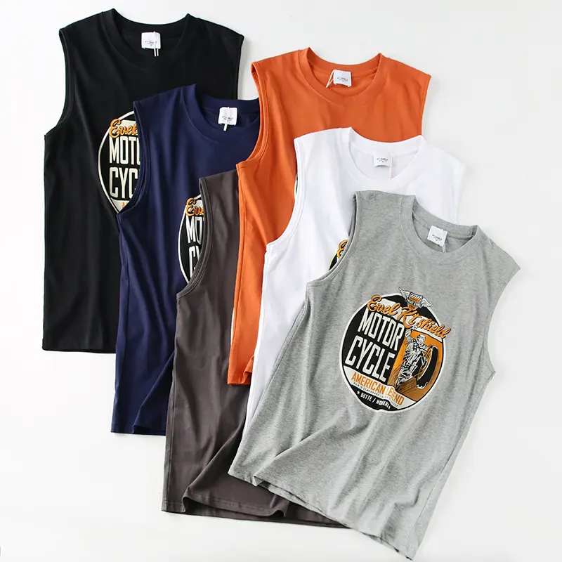 2025 Summer New American Retro Sleeveless O-neck Letter Motorcycle Printed T-shirt Men's Fashion 100% Cotton Sports Casual Vest