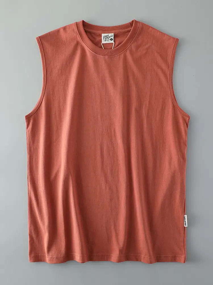 Summer New American Sleeveless O-neck Solid Color T-shirt Men's Fashion 100% Cotton Washed Casual Sports Fitness Basketball Vest
