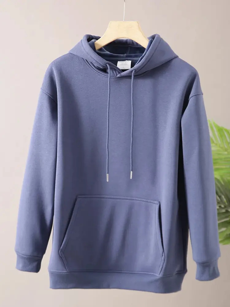 2025 Autumn and Winter New American Retro Long Sleeve Hooded Thick Velvet Soid Color Hoodies Men's Casual Pullover Sportwear