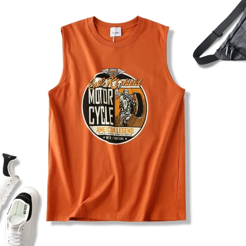 2025 Summer New American Retro Sleeveless O-neck Letter Motorcycle Printed T-shirt Men's Fashion 100% Cotton Sports Casual Vest