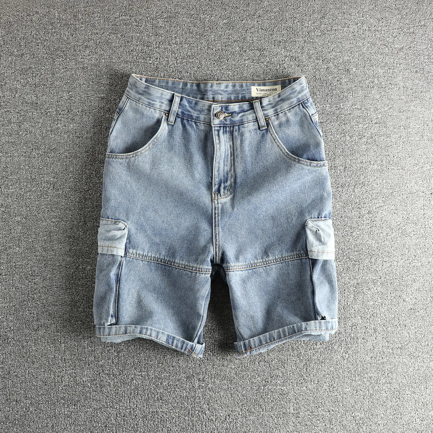 2025 Summer New American Retro Multi Pocket Denim Cargo Shorts Men's 85.7% Cotton Washed Straight Loose Casual Five-point Pants