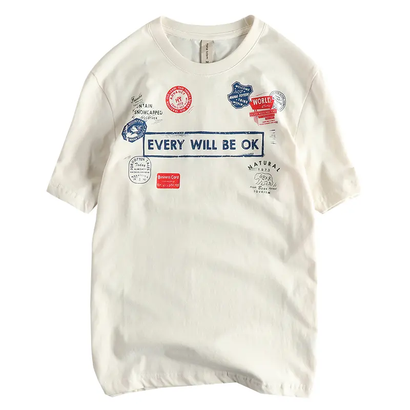 2025 Summer New American Retro Short Sleeve O-neck Letter Badge Printed T-shirt Men's Fashion 100% Cotton Washed Casual Tops
