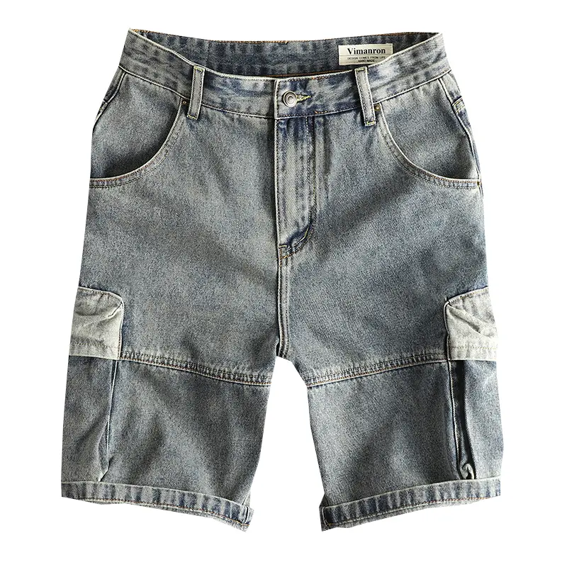2025 Summer New American Retro Multi Pocket Denim Cargo Shorts Men's 85.7% Cotton Washed Straight Loose Casual Five-point Pants
