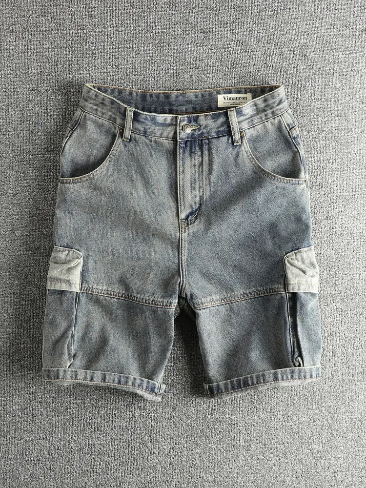 2025 Summer New American Retro Multi Pocket Denim Cargo Shorts Men's 85.7% Cotton Washed Straight Loose Casual Five-point Pants