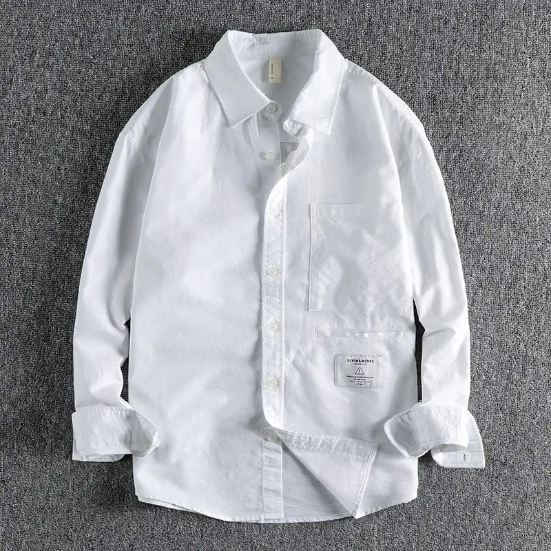 2026 Spring New Japanese Retro Long Sleeve Lapel Striped Cargo Shirt Men's Fashion 100% Cotton Washed Big Pocket Casual Blouses