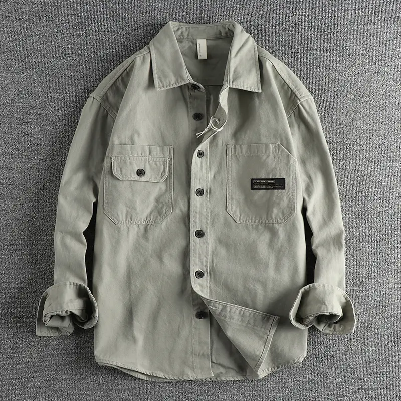 Autumn New American Retro Long Sleeve Lapel Woven Cargo Shirt Men's Amekaji 100% Cotton Washed Double Pocket Casual Thin Coat