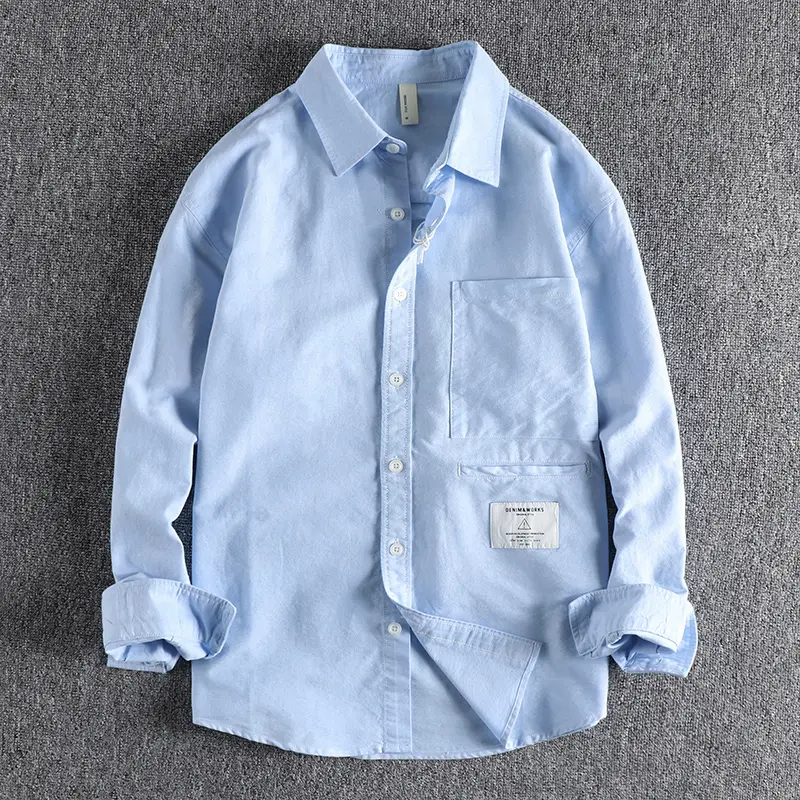 2026 Spring New Japanese Retro Long Sleeve Lapel Striped Cargo Shirt Men's Fashion 100% Cotton Washed Big Pocket Casual Blouses