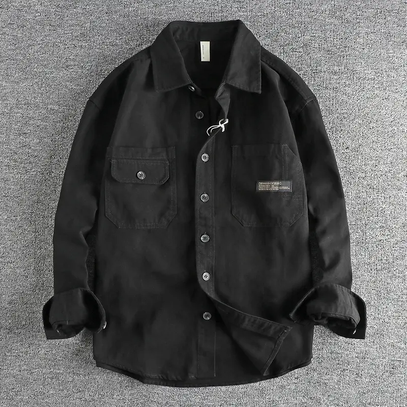 Autumn New American Retro Long Sleeve Lapel Woven Cargo Shirt Men's Amekaji 100% Cotton Washed Double Pocket Casual Thin Coat