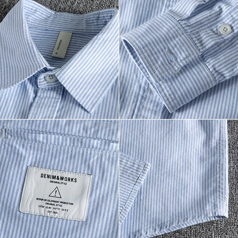2026 Spring New Japanese Retro Long Sleeve Lapel Striped Cargo Shirt Men's Fashion 100% Cotton Washed Big Pocket Casual Blouses