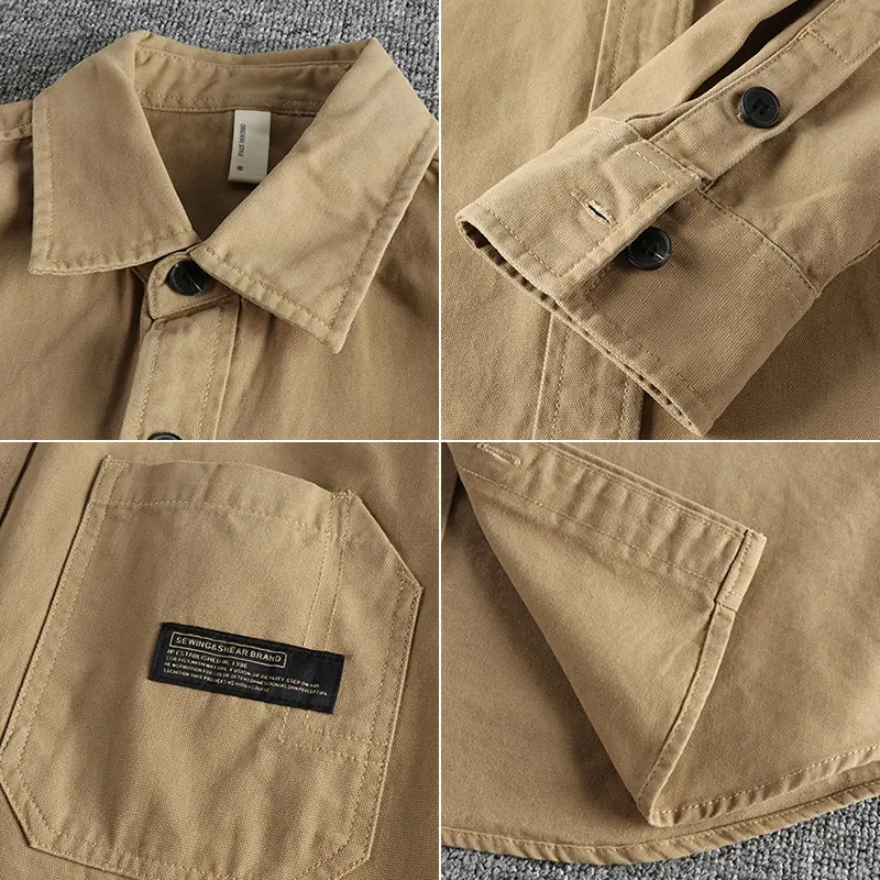 Autumn New American Retro Long Sleeve Lapel Woven Cargo Shirt Men's Amekaji 100% Cotton Washed Double Pocket Casual Thin Coat