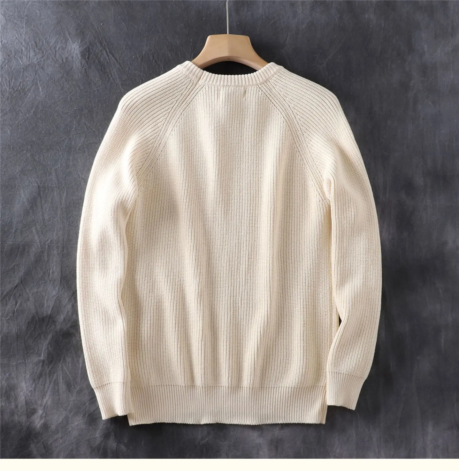 Autumn and Winter New American Retro Heavyweight Raglan Sleeve O-neck Knitted Sweater Men's 100% Cotton Casual Pullover Knitwear