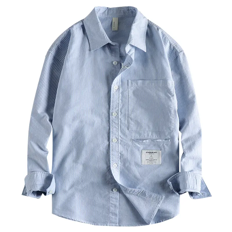 2026 Spring New Japanese Retro Long Sleeve Lapel Striped Cargo Shirt Men's Fashion 100% Cotton Washed Big Pocket Casual Blouses