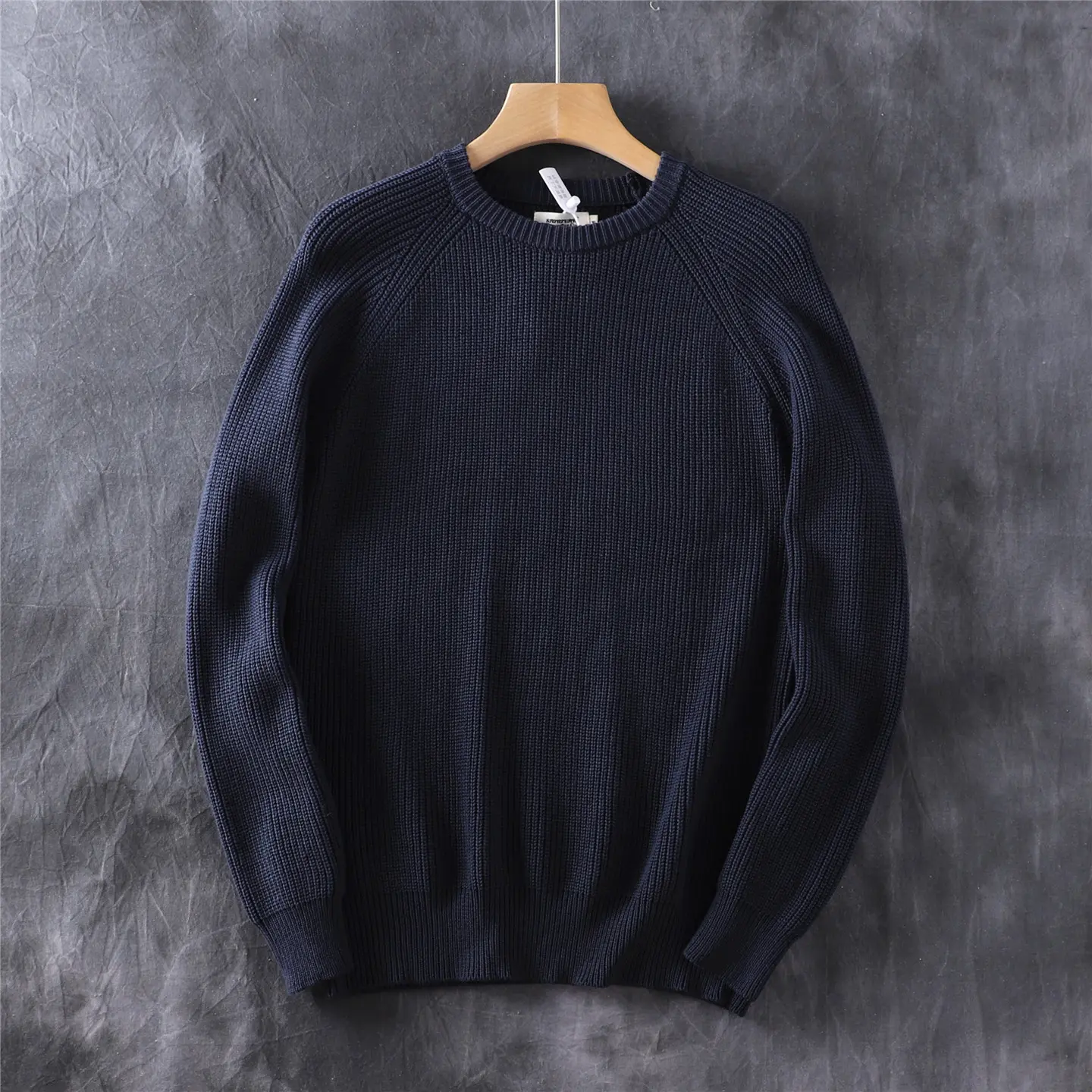 Autumn and Winter New American Retro Heavyweight Raglan Sleeve O-neck Knitted Sweater Men's 100% Cotton Casual Pullover Knitwear