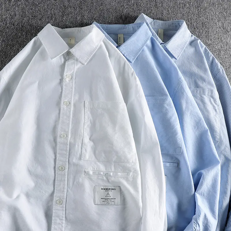2026 Spring New Japanese Retro Long Sleeve Lapel Striped Cargo Shirt Men's Fashion 100% Cotton Washed Big Pocket Casual Blouses