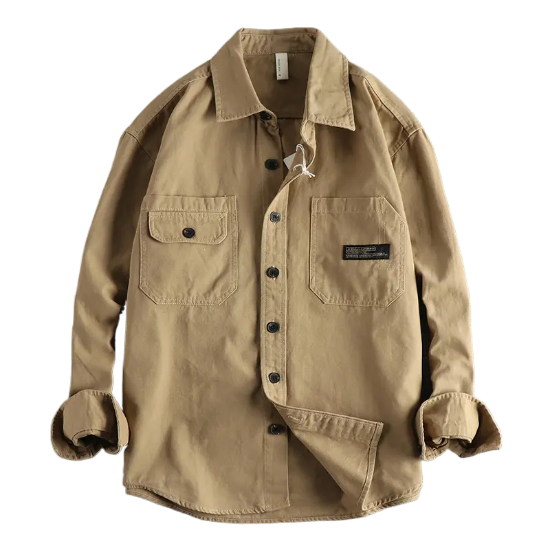 Autumn New American Retro Long Sleeve Lapel Woven Cargo Shirt Men's Amekaji 100% Cotton Washed Double Pocket Casual Thin Coat