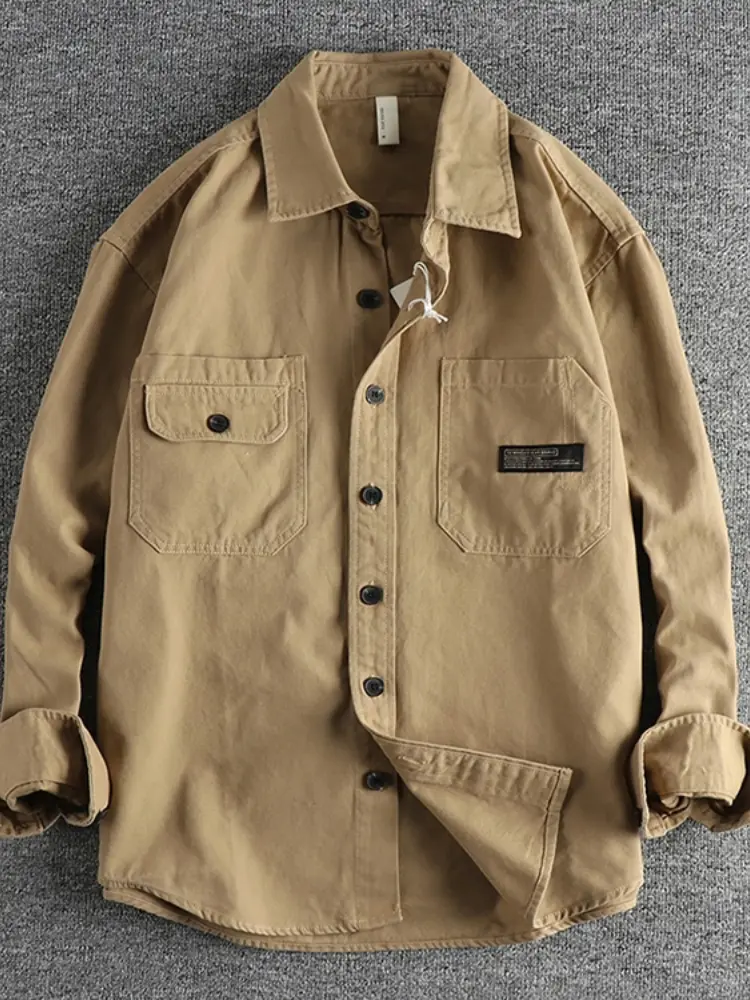 Autumn New American Retro Long Sleeve Lapel Woven Cargo Shirt Men's Amekaji 100% Cotton Washed Double Pocket Casual Thin Coat