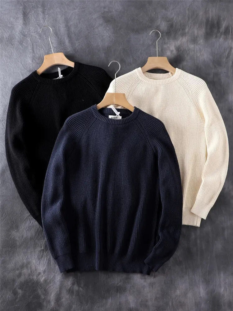 Autumn and Winter New American Retro Heavyweight Raglan Sleeve O-neck Knitted Sweater Men's 100% Cotton Casual Pullover Knitwear