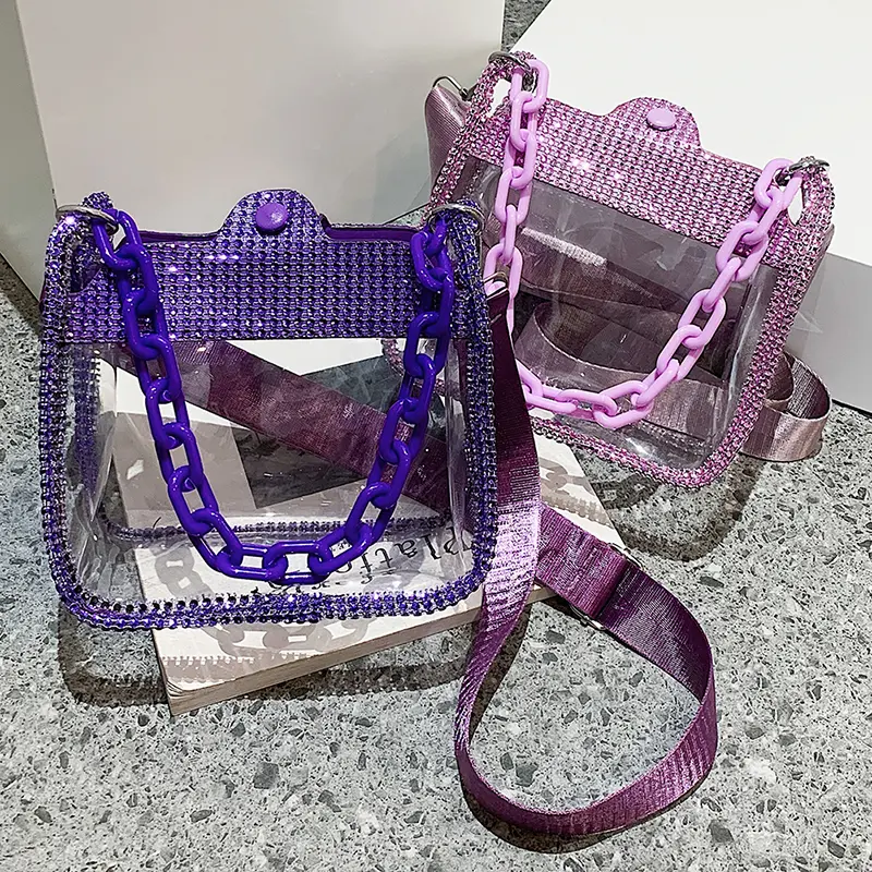 PVC Transparent Shoulder Crossbody Bag Rhinestone Thick Chain Ladies Small Purse and Handbags Fashion Jelly Summer Beach Totes