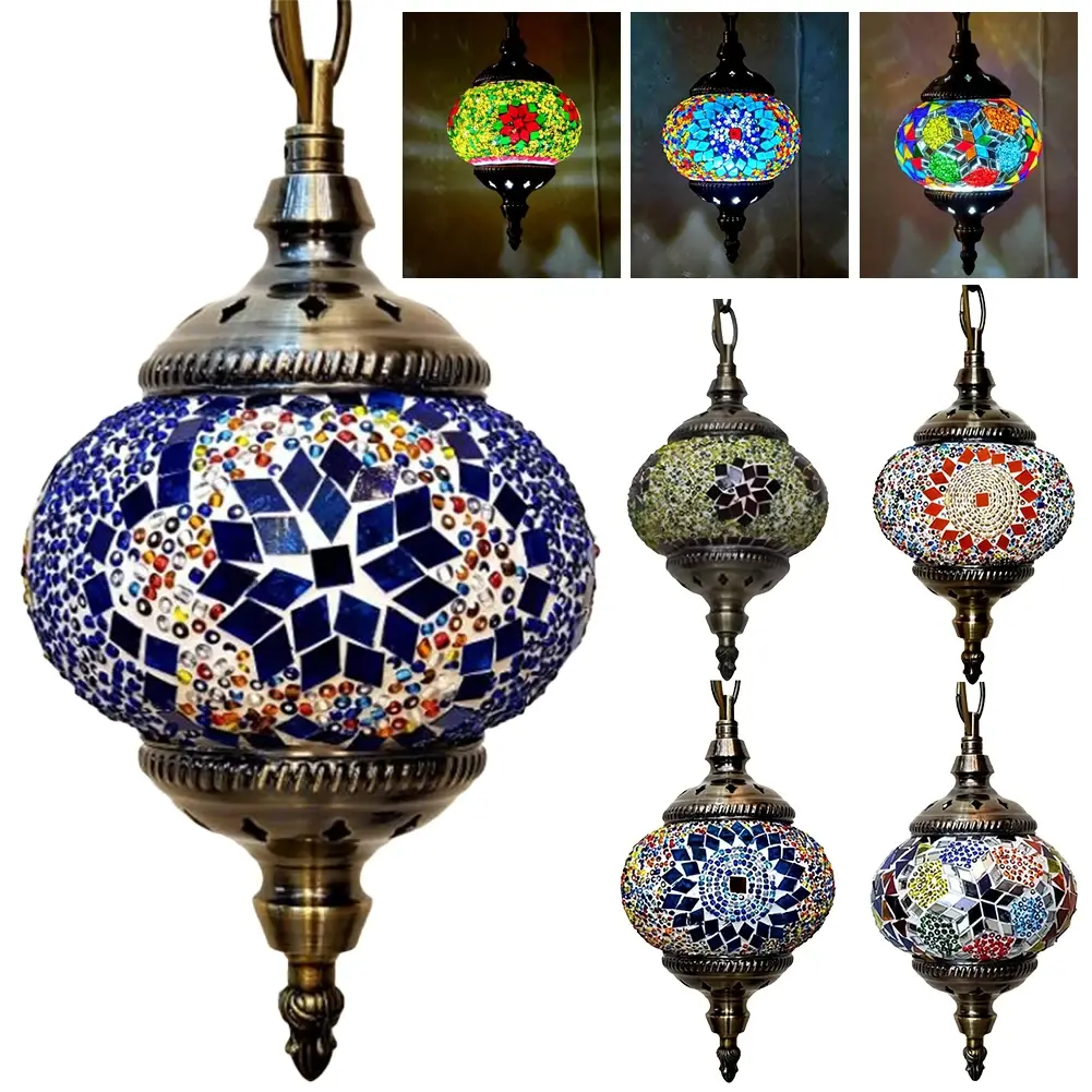 Mosaic Pendant Light Turkish Moroccan Mosaic Hanging Ceiling Lamp E27 Restaurant Club Single Head Chandelier for Bar Home Hotel