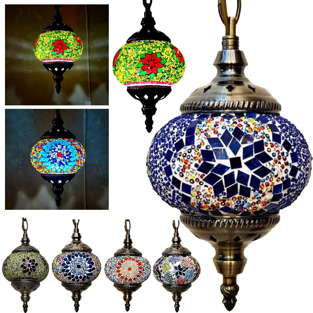 Mosaic Pendant Light Turkish Moroccan Mosaic Hanging Ceiling Lamp E27 Restaurant Club Single Head Chandelier for Bar Home Hotel