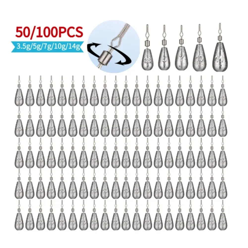 50/100 Pcs Fishing Sinker Quick Release Tear Drop Shot Weights 360 Degree Rotatory Fishing Accessories for Outdoor