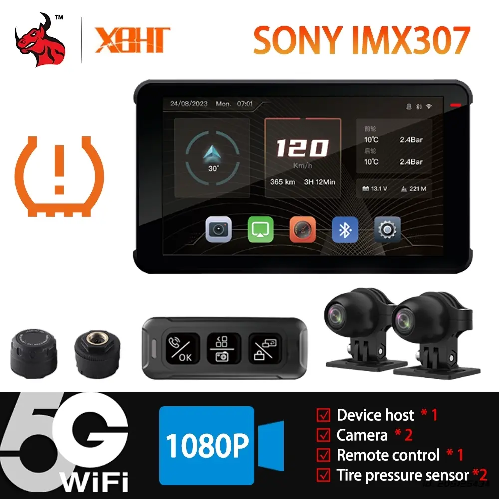 Motorcycle Driving Recorder 5G WiFi Tire Pressure Monitoring GPS Waterproof Motorbike Recorder Carplay 5.5 Inch HD Touch Screen
