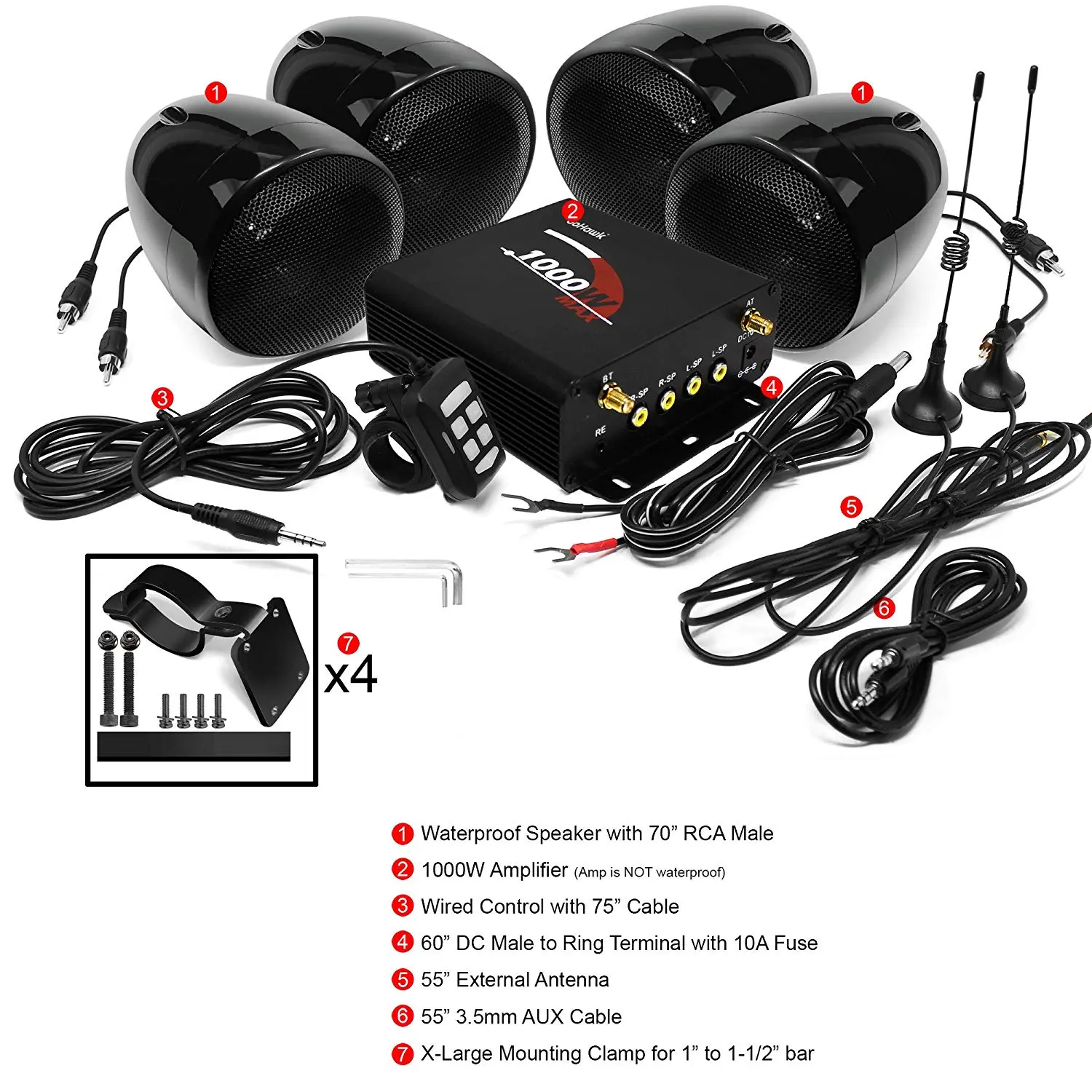 4pcs Motorcycle Audio Bluetooth Motorcycle Speakers Amplifier Boat Waterproof Motocross Stereo Player USB, AUX Wired Control