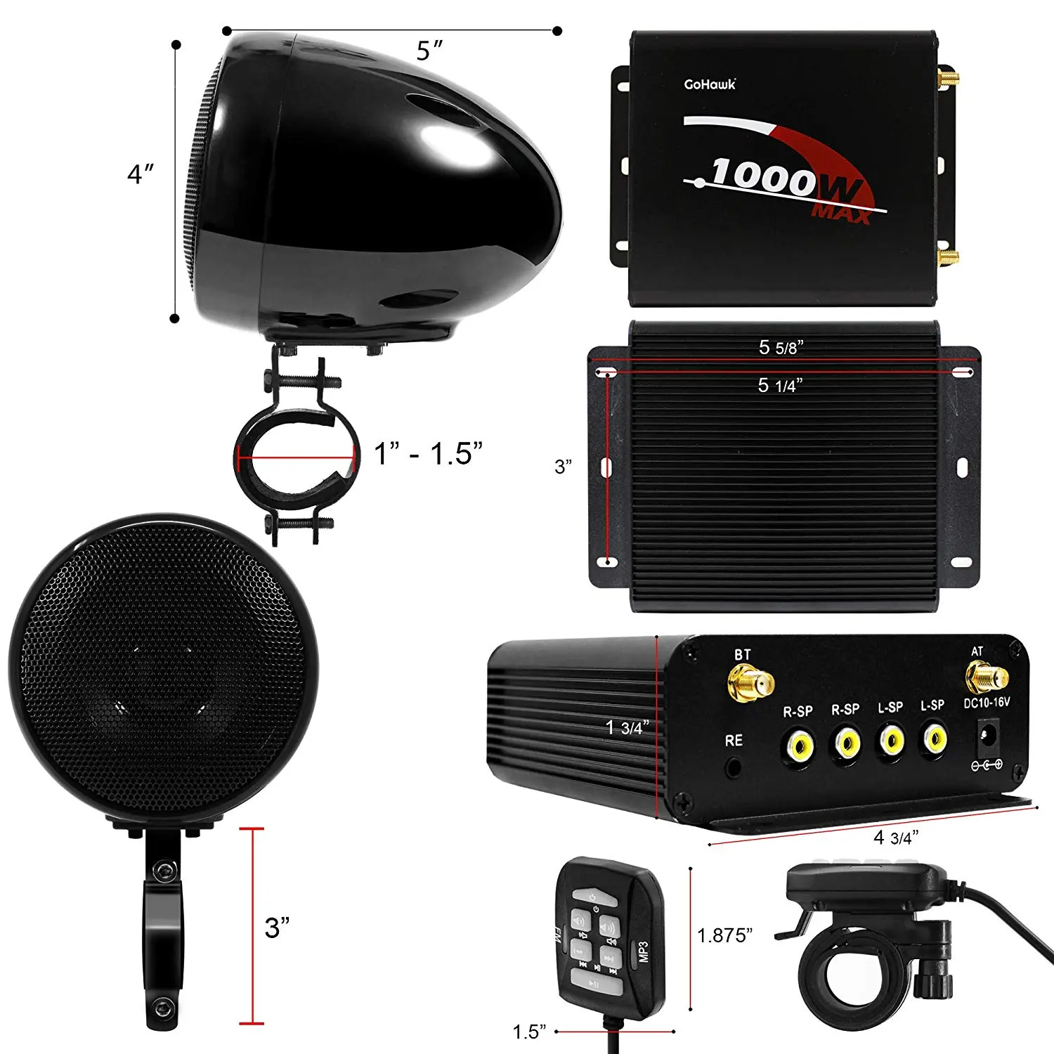 4pcs Motorcycle Audio Bluetooth Motorcycle Speakers Amplifier Boat Waterproof Motocross Stereo Player USB, AUX Wired Control