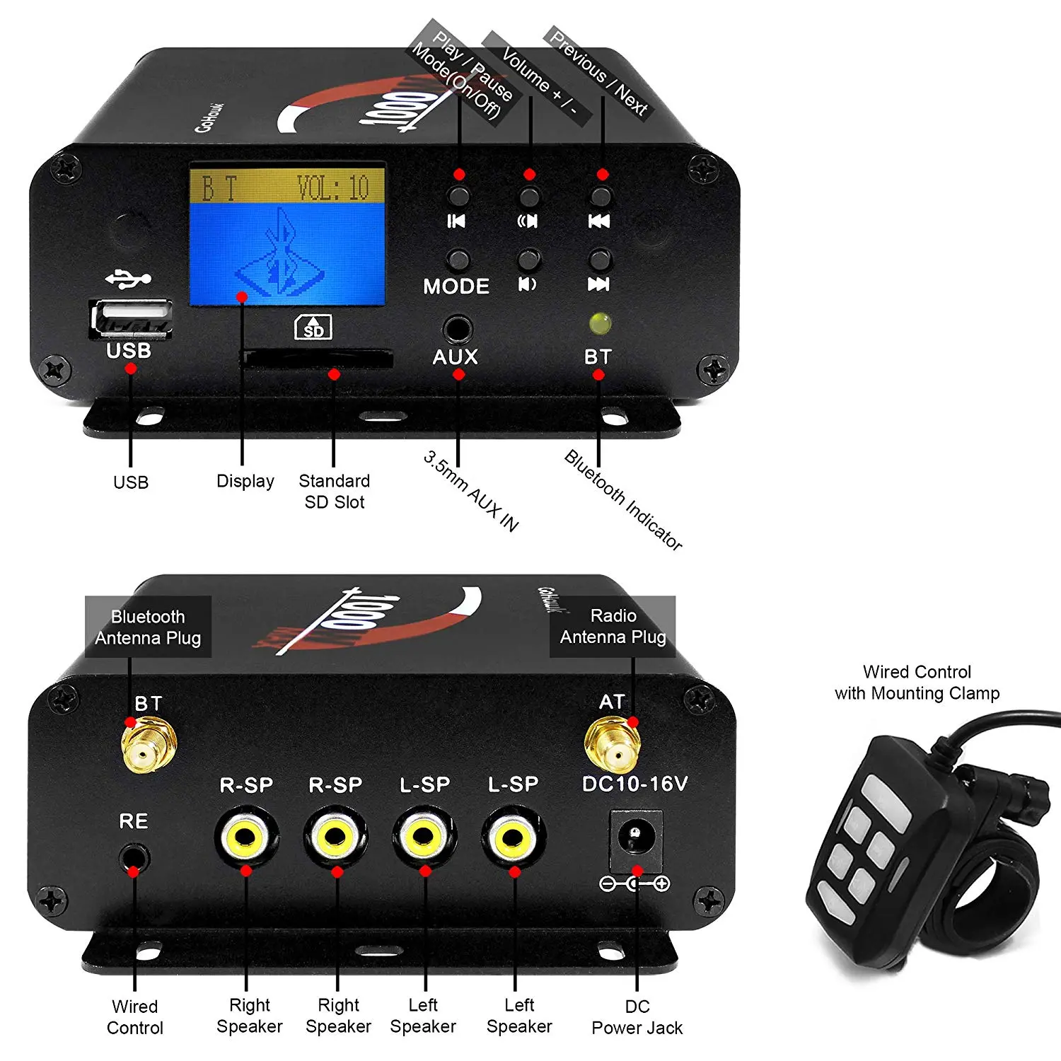 4pcs Motorcycle Audio Bluetooth Motorcycle Speakers Amplifier Boat Waterproof Motocross Stereo Player USB, AUX Wired Control