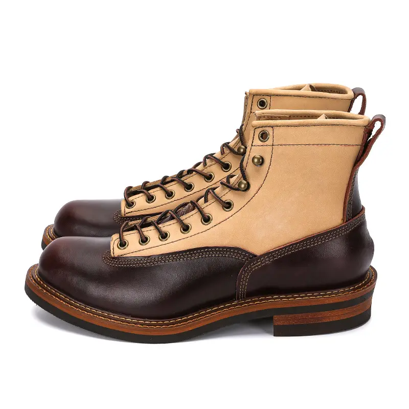 Mens Color Block Motorcycle Boots Genuine Leather Motorbike Riding Boots Waterproof Hight-Top Moto Boots Rider Workwear Shoes