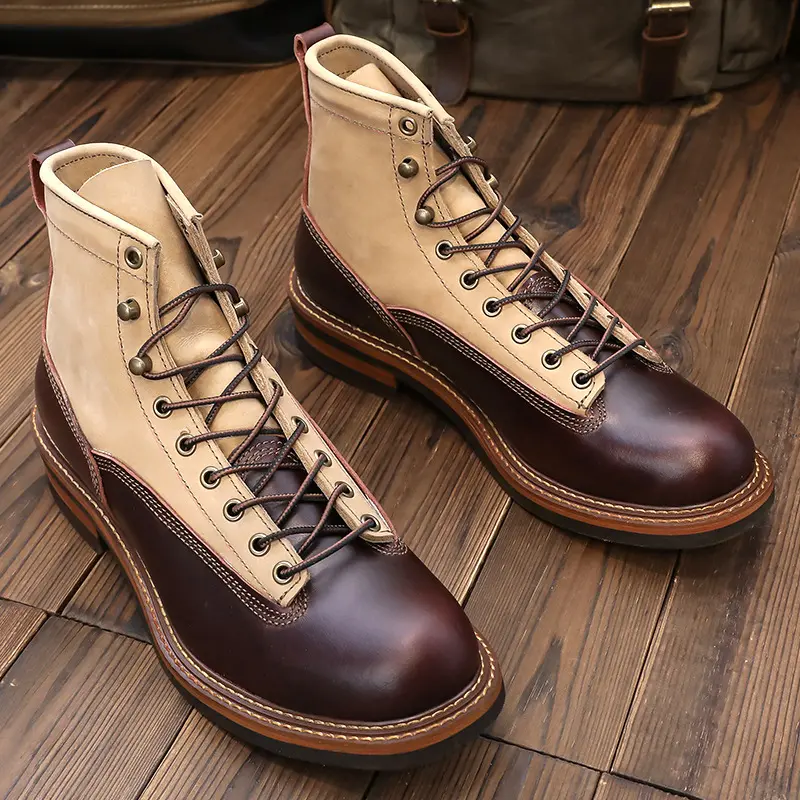Mens Color Block Motorcycle Boots Genuine Leather Motorbike Riding Boots Waterproof Hight-Top Moto Boots Rider Workwear Shoes
