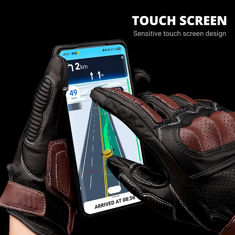 Breathable Leather Riding Gloves Retro Touchscreen Design Unisex Motorcycle Gloves with Flex Zones for Scrambler Street Bike