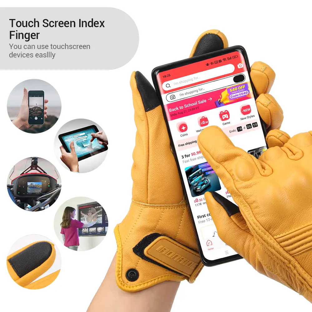 New Motorcycle Gloves Leather With Hole Men Motorbike Riding Gloves Touch Screen Breathable Moto Motocross Anti Fall Black