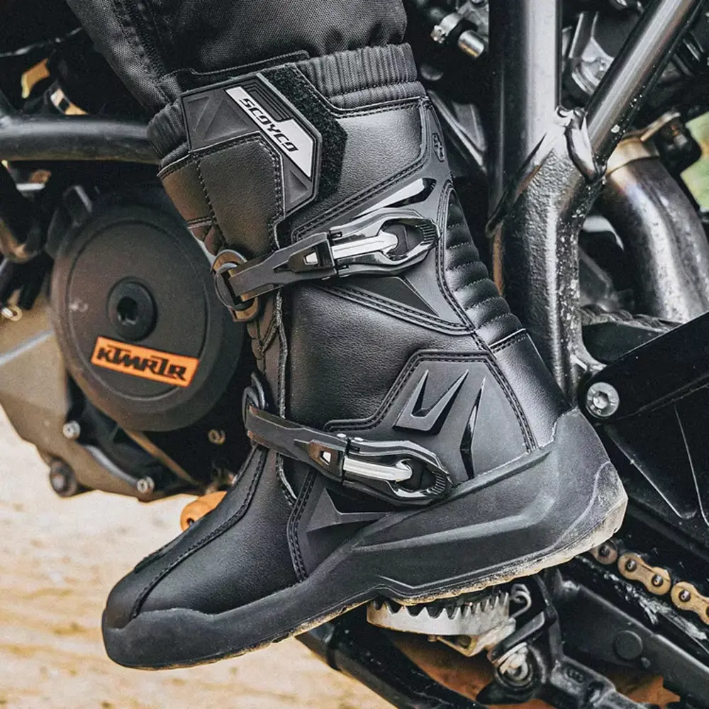 SCOYCO Motorcycle Protective Boots Men Waterproof Enduro Motocross Shoes TPU Leather Anti-slip Motorbike Rally High Top Boots
