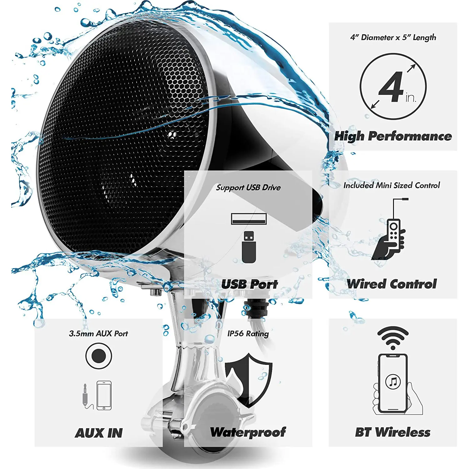Waterproof Motorcycle Stereo Bluetooth Radio Speakers High-End ATV UTV Audio Play System With USB AUX MP3 300W Amplifer 4 Inches