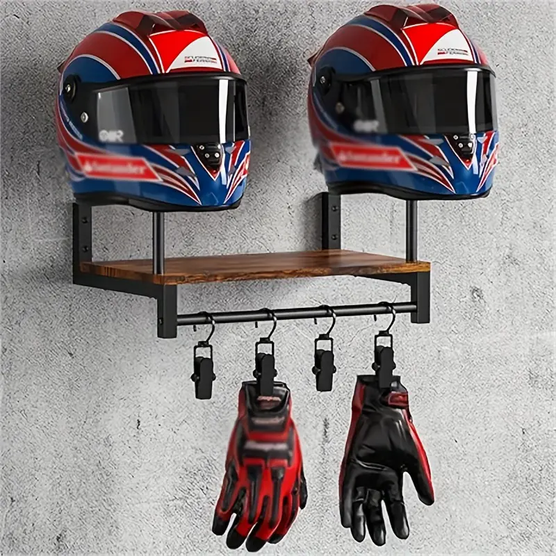Motorcycle Helmet Wall Mount Wooden Shelf With Adjustable Hooks Sturdy Durable Storage For Motocross Bicycle Accessories