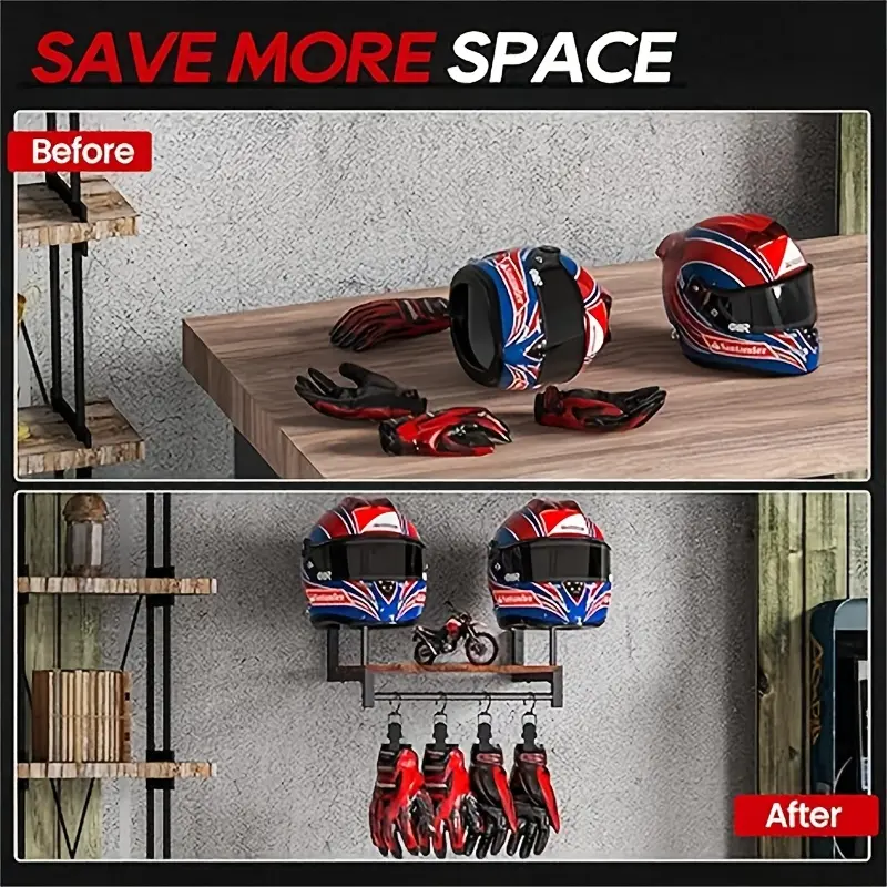 Motorcycle Helmet Wall Mount Wooden Shelf With Adjustable Hooks Sturdy Durable Storage For Motocross Bicycle Accessories