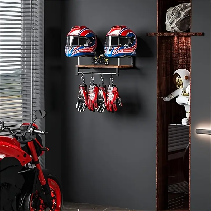 Motorcycle Helmet Wall Mount Wooden Shelf With Adjustable Hooks Sturdy Durable Storage For Motocross Bicycle Accessories