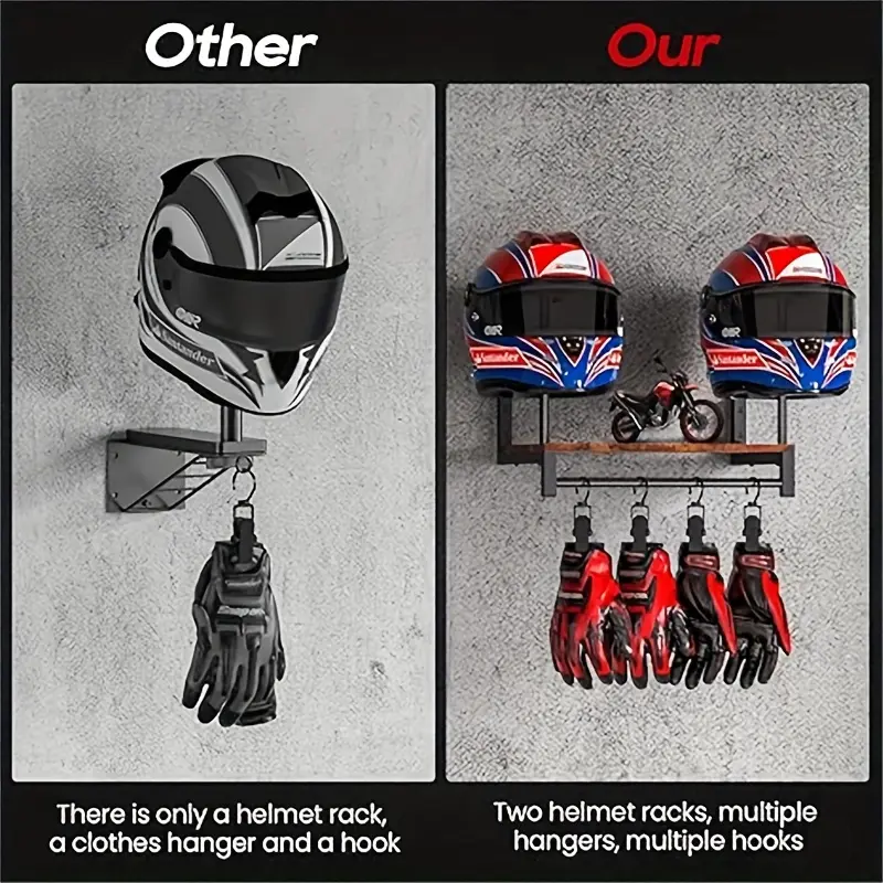 Motorcycle Helmet Wall Mount Wooden Shelf With Adjustable Hooks Sturdy Durable Storage For Motocross Bicycle Accessories